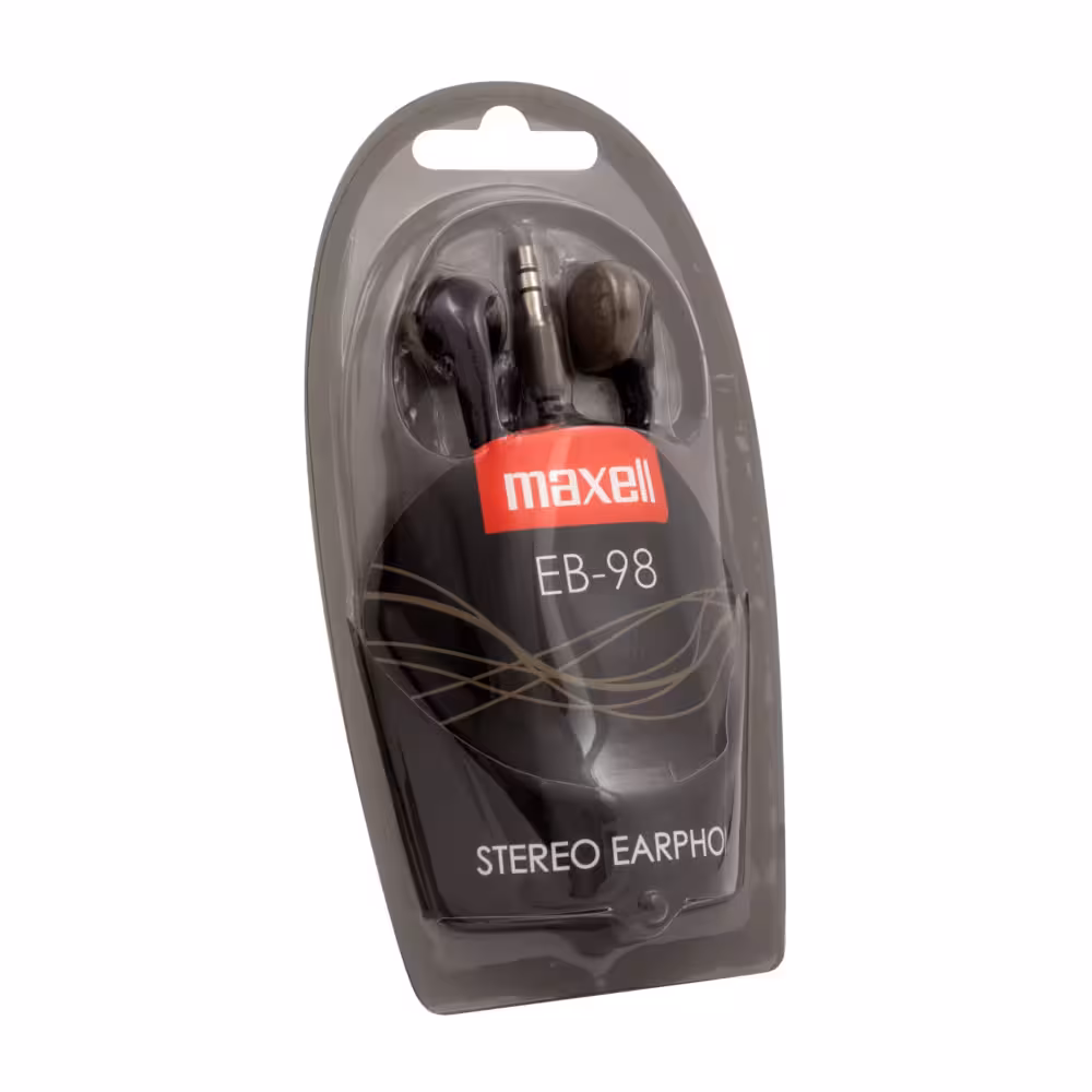 Maxell EB-98 stereo-oortelefoons: zwarte in-ear-koptelefoon, verpakt voor de detailhandel.