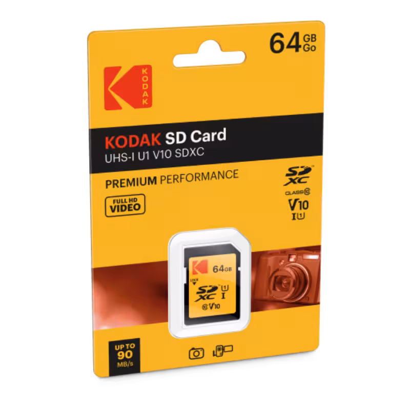 Kodak 64GB UHS-I U1 V10 SDXC-geheugenkaart: Premiumprestaties, Full HD-video, tot 90 MB/s