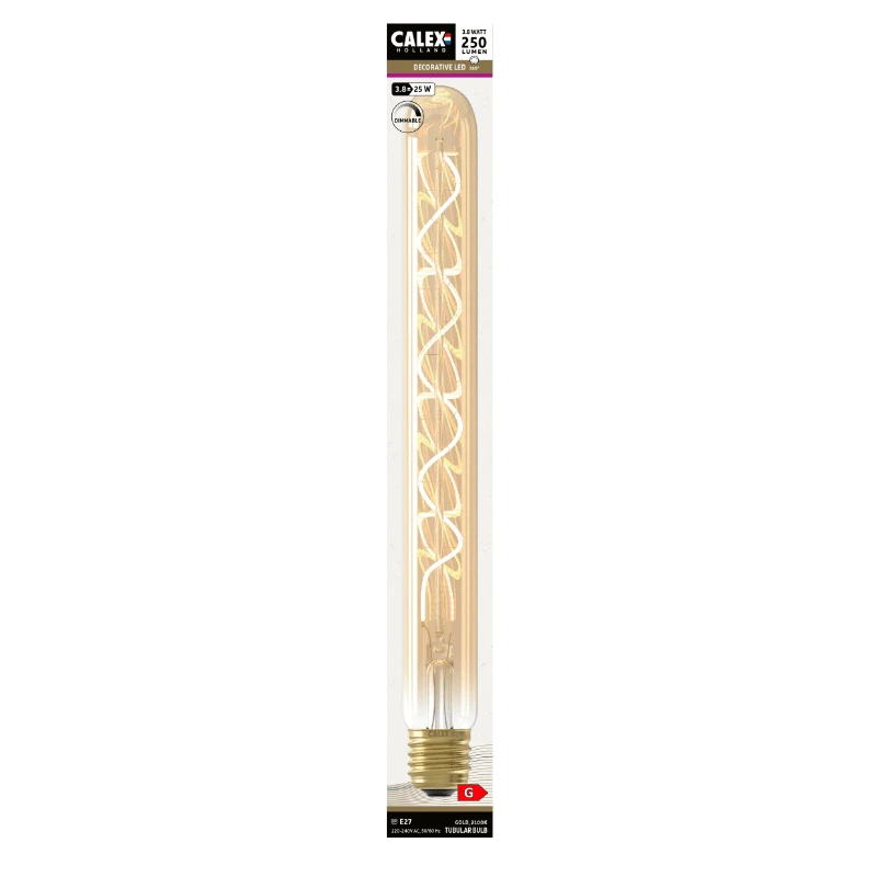 Calex E27 3.8W Flame dimbare LED-lamp: Lange, decoratieve gouden buisvormige LED-lamp met een filamentontwerp.