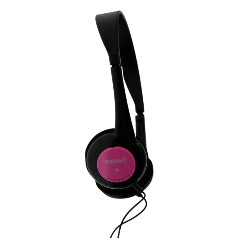 Maxell Kids Hoofdtelefoon: Zwarte en roze kinderhoofdtelefoon, perfect voor het luisteren naar muziek en audioboeken.