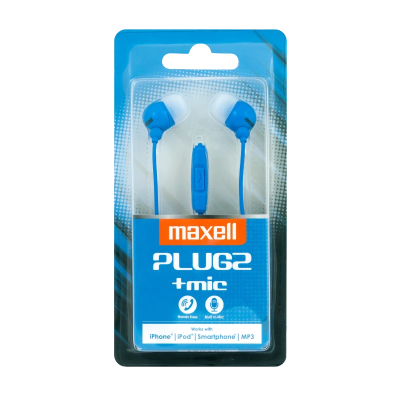 Maxell Plugz Blue oordopjes met microfoon: handsfree oordopjes met ingebouwde microfoon, compatibel met iPhone, iPod, smartphones en MP3-spelers.