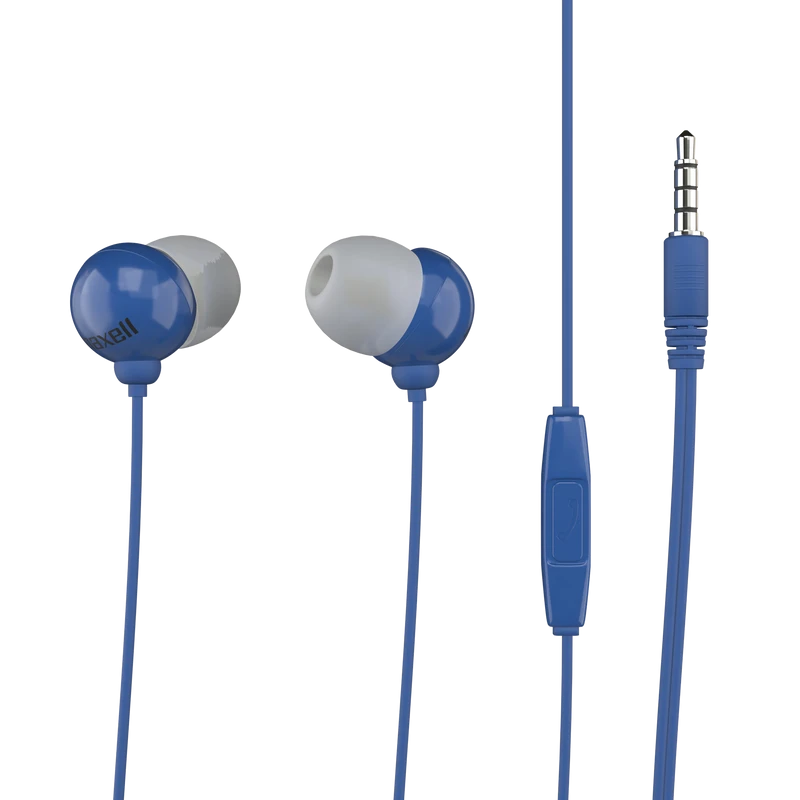 Maxell Plugz Blue Earbuds met microfoon: blauwe in-ear hoofdtelefoon met microfoon en bediening in de kabel.
