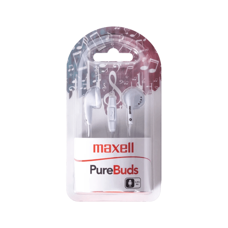 Maxell PureBuds White: In-ear bekabelde hoofdtelefoon met ingebouwde microfoon, verpakt voor verkoop in de detailhandel.