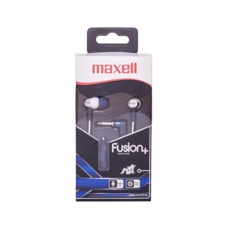 Maxell Fusion+ oordopjes: Blauwe en witte in-ear oordopjes met ingebouwde microfoon, afgebeeld in de verpakking.