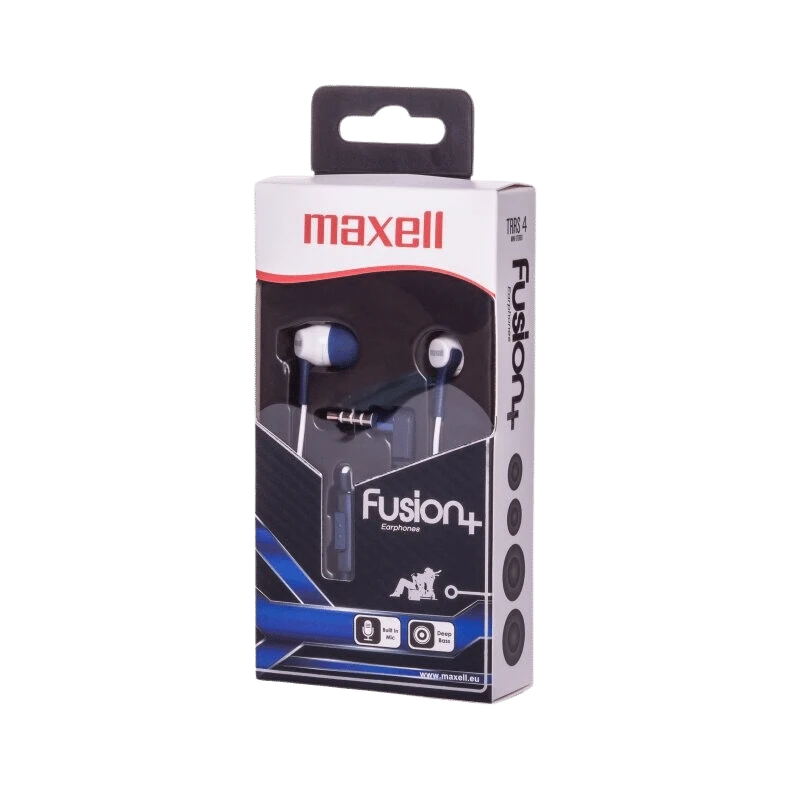 Maxell Fusion+ oordopjes: blauwe en witte oordopjes met ingebouwde microfoon, in winkelverpakking.