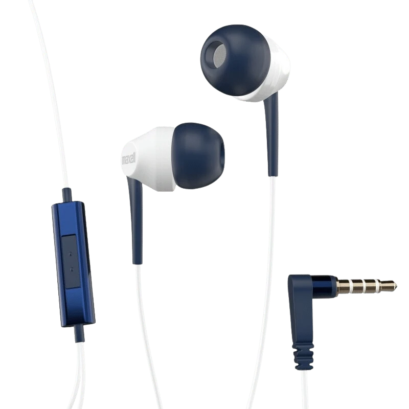 Maxell Fusion+ oordopjes: Blauwe en witte oordopjes met draad, ingebouwde microfoon en 3,5 mm-aansluiting.