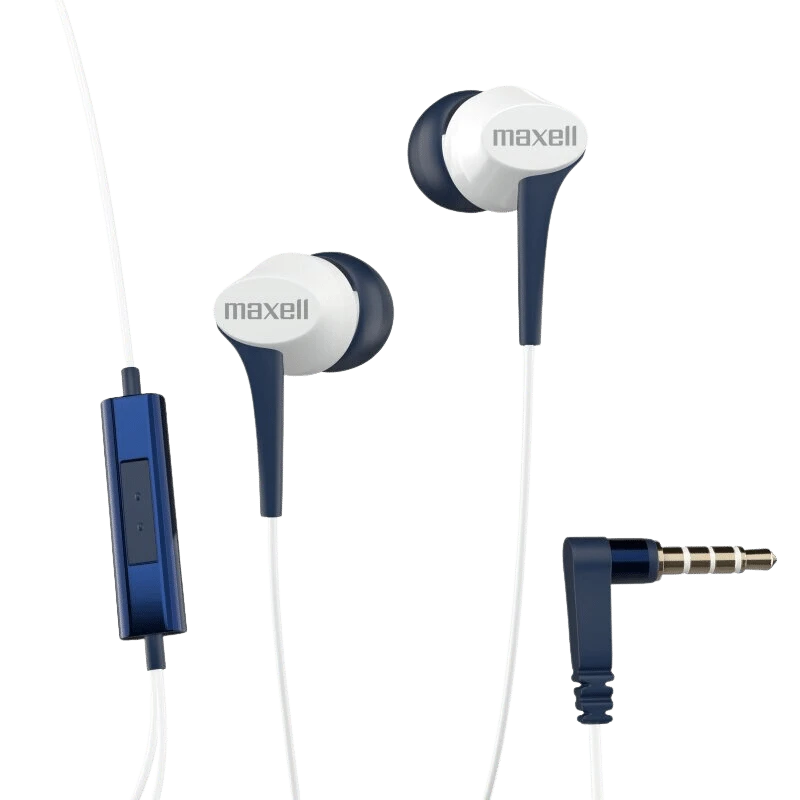 Maxell Fusion+ oordopjes: Blauwe en witte oordopjes met draad, ingebouwde microfoon en 3,5 mm-aansluiting.