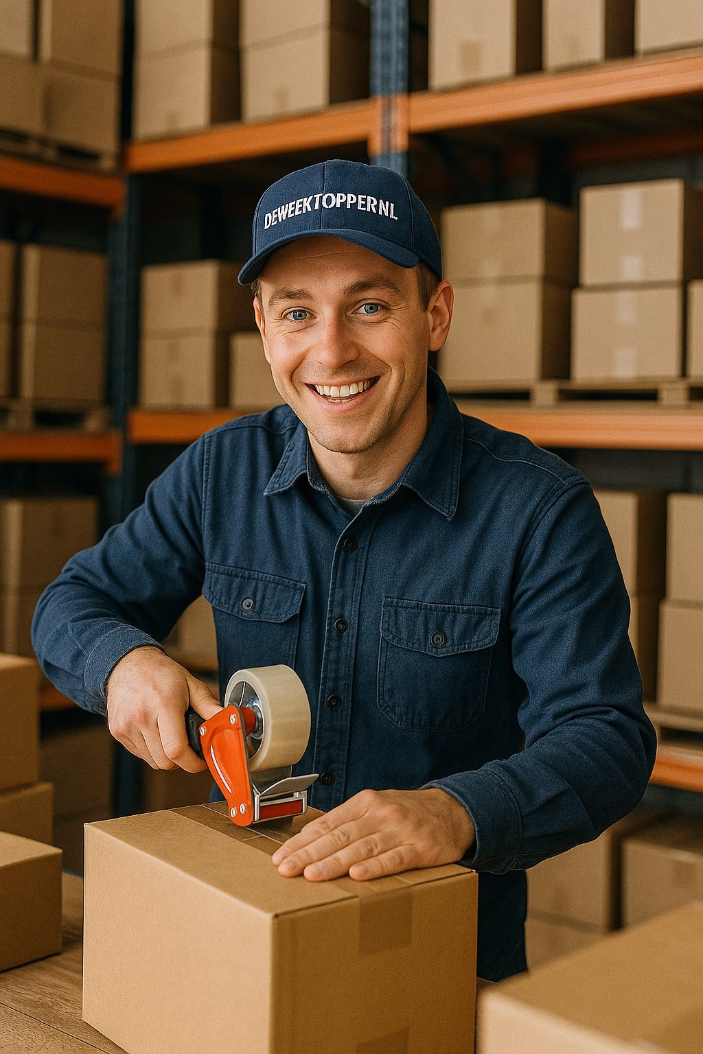 Lachende magazijnmedewerker gebruikt een tapedispenser om een kartonnen doos te sluiten. DEWEEKTOPPERNL.