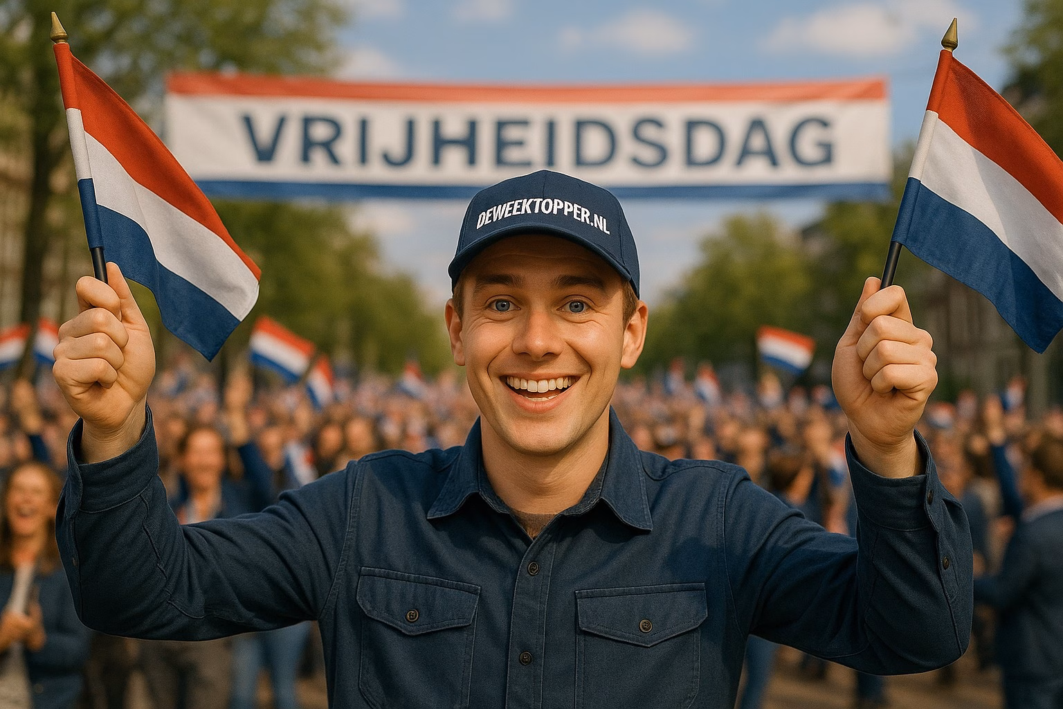 Man celebrates Vrijheidsdag, waving Dutch flags. "Vrijheidsdag" banner in background.
