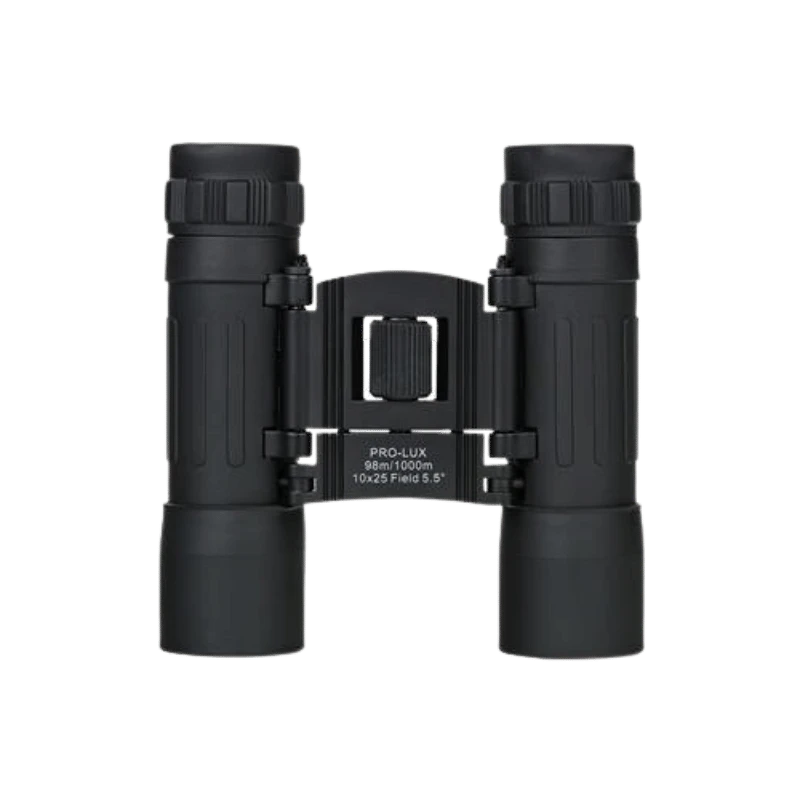 DÖRR PRO LUX 10x25 verrekijker: Compacte, zwarte verrekijker met rubberen behuizing, ideaal voor buitenactiviteiten en reizen.