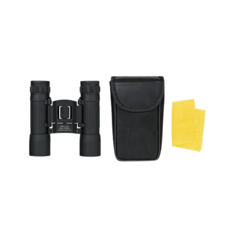 DÖRR PRO LUX 10x25 Compacte verrekijker: Zwarte, met rubber beklede verrekijker met draagtas en schoonmaakdoekje.