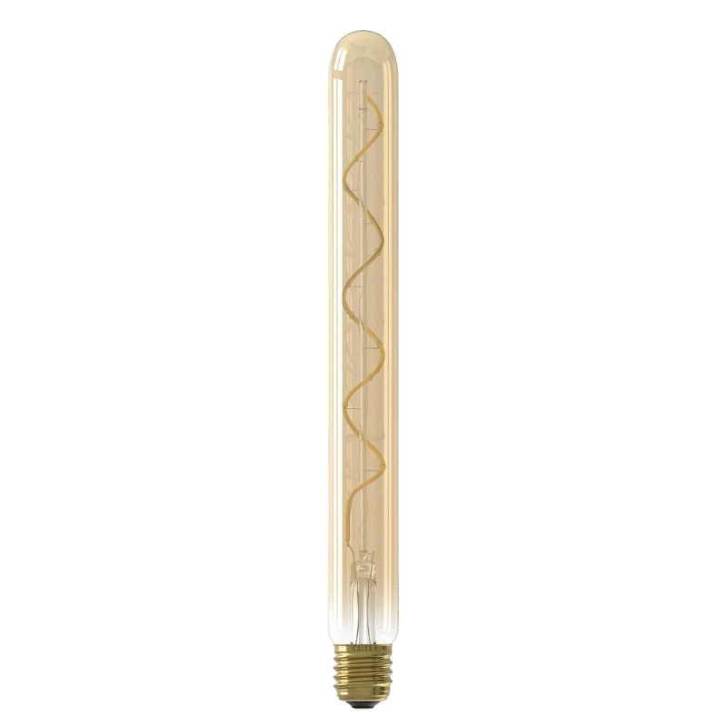 Calex Gold Glass Tube LED-lamp: Een lange, cilindrische glazen lamp met een goudkleurige, spiraalvormige gloeidraad. E27-fitting.