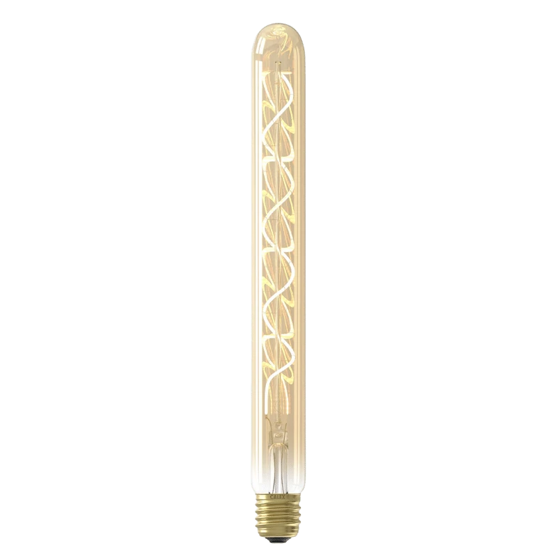 Calex Gold Glass Tube LED-lamp: Een lange, elegante gouden glazen LED-lamp met een uniek spiraalvormig filamentontwerp. E27-fitting, 30 cm hoog.