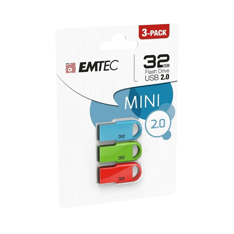 Emtec 32GB USB 2.0 Mini Flash Drive 3-Pack: Blauwe, groene en rode mini USB-drives, ideaal voor gegevensopslag en -overdracht.
