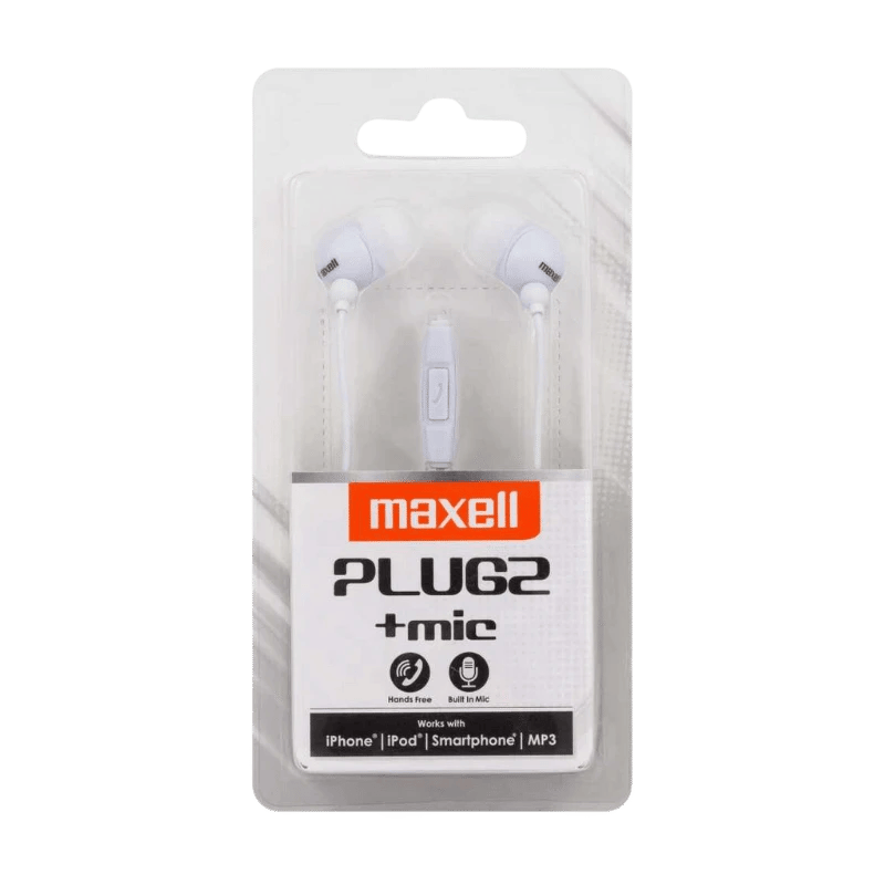 Maxell Plugz witte oordopjes met microfoon: handsfree in-ear hoofdtelefoon met ingebouwde microfoon, compatibel met iPhone, iPod, smartphones en MP3-spelers.