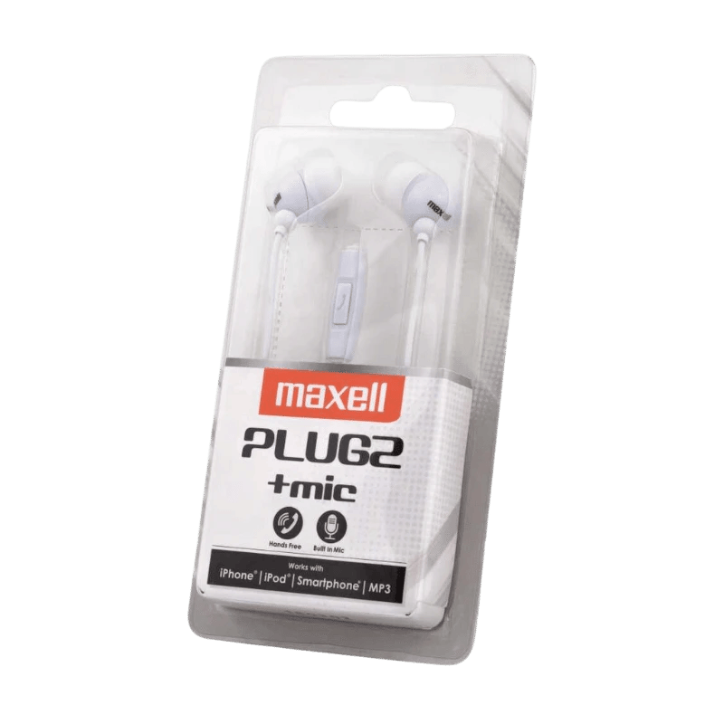 Maxell Plugz +mic Witte oordopjes: Handsfree oordopjes met ingebouwde microfoon, compatibel met iPhone, iPod, smartphones en MP3-spelers.