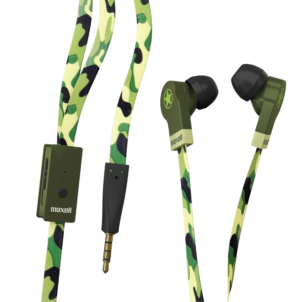 Maxell FlatWire-oortelefoons: oortelefoons met camouflagemotief, ingebouwde microfoon en volumeregeling.