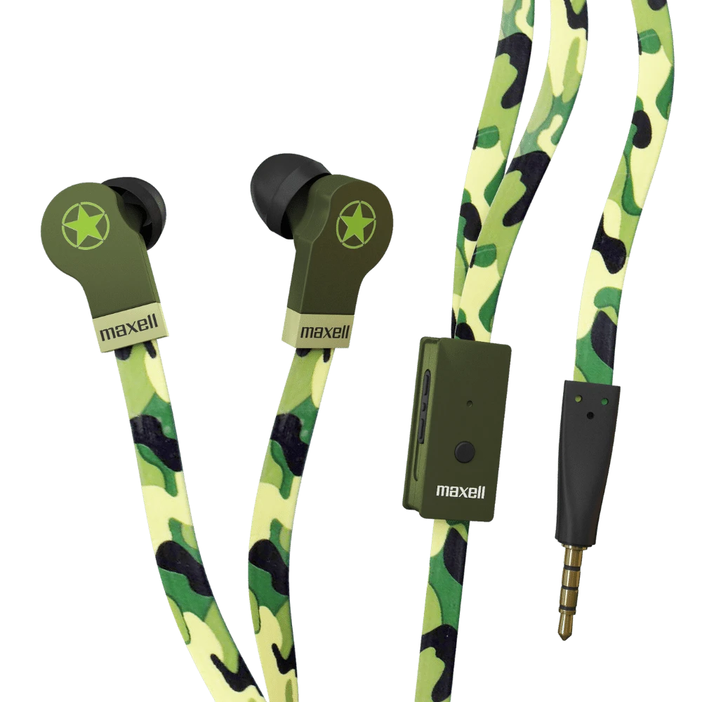 Maxell FlatWire oordopjes: camouflage-oordopjes met microfoon en volumeregeling. Groen camouflagedesign.