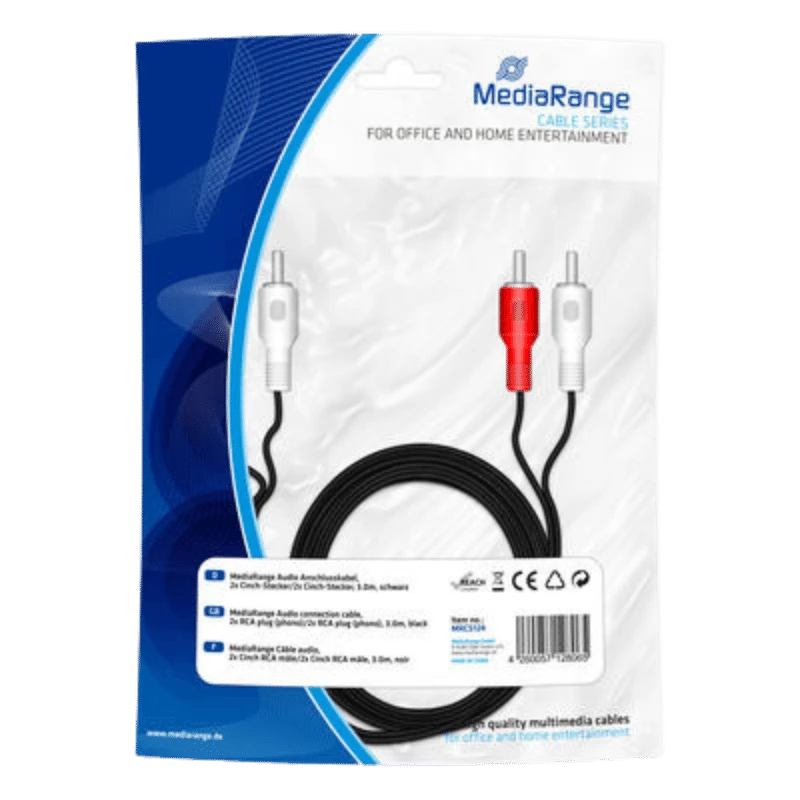 MediaRange Cinch Kabel RCA-audiokabel: 2m of 3m zwarte kabel met rode en witte RCA-connectoren voor thuisentertainment of gebruik op kantoor.