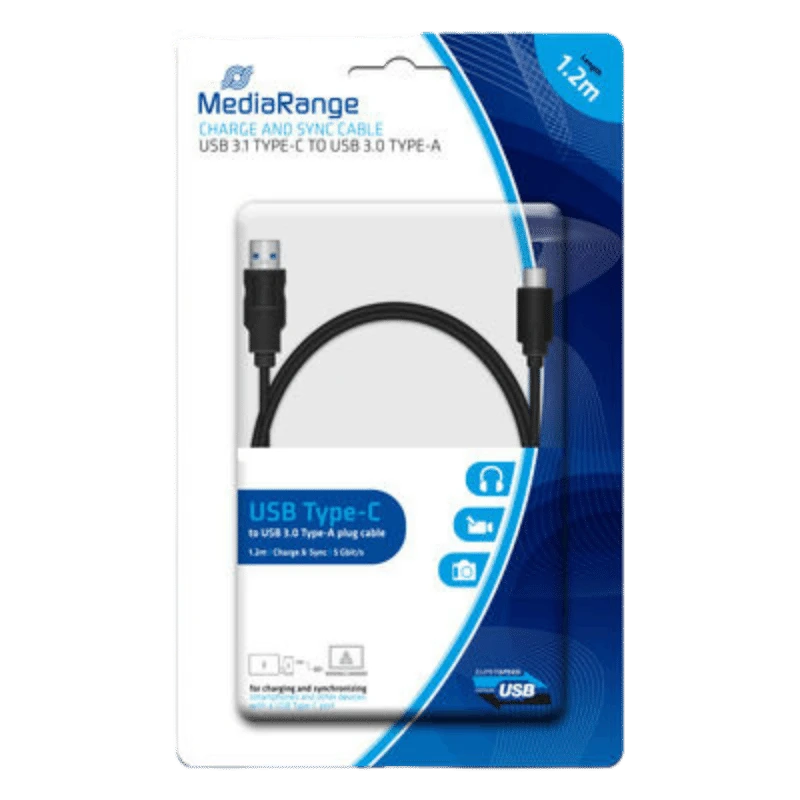 MediaRange MRCS160: 1,2 m USB 3.2 Gen 1 (3.1 Gen 1) USB-C naar USB-A-kabel. Zwart.