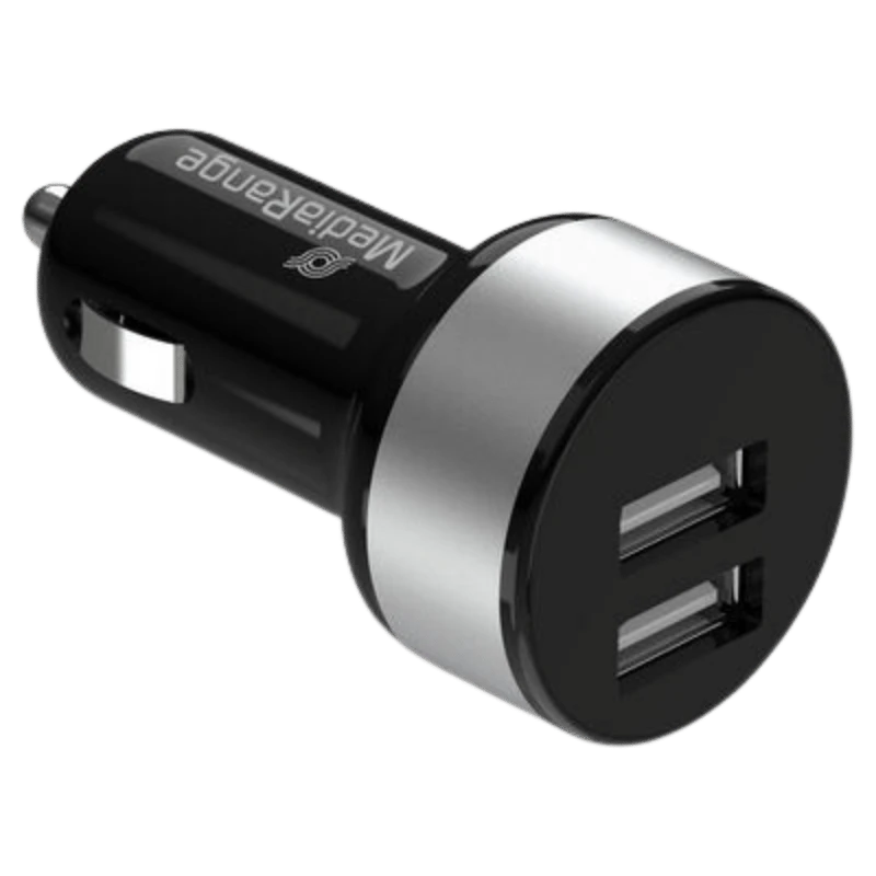 MediaRange Dual USB Autolader: Zwarte en zilveren dual-port autolader voor het snel opladen van apparaten.