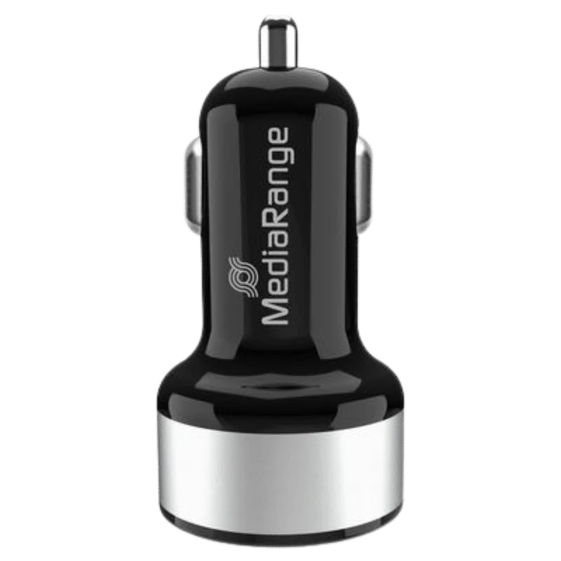 MediaRange dubbele USB-autolader: zwarte en zilveren dubbele USB-autolader voor handig opladen onderweg.