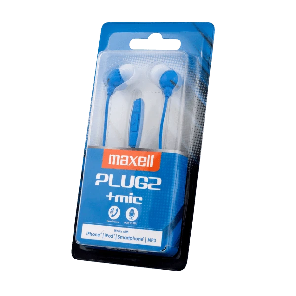 Maxell Plug2 +mic Blauwe oordopjes: handsfree bellen, ingebouwde microfoon, compatibel met iPhone, iPod, smartphones en MP3-spelers.