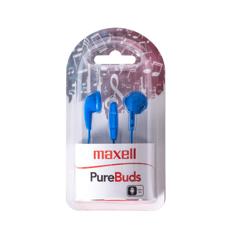 Maxell PureBuds Blue Earbuds: Blauwe in-ear hoofdtelefoon met ingebouwde microfoon, verpakt voor de detailhandel.