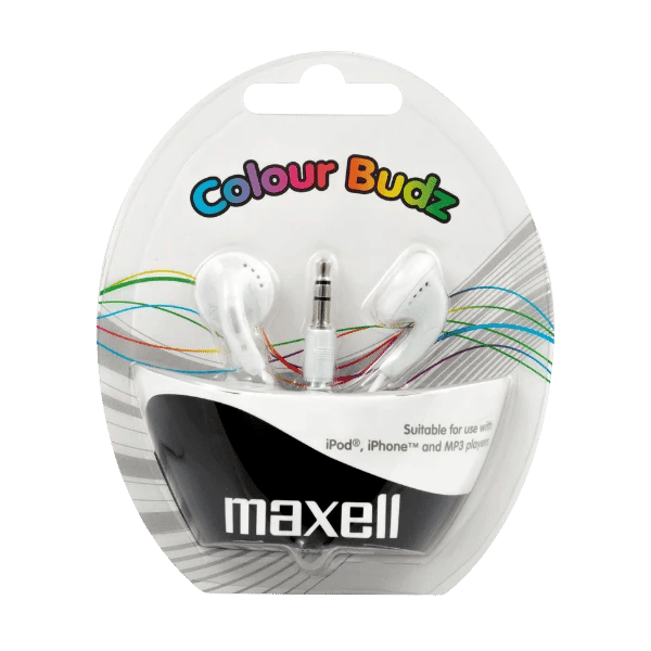 Maxell Colour Budz - 303484 in verpakking. Kleur wit - 3.5 mm aansluitng kabellengte 1.2 meter