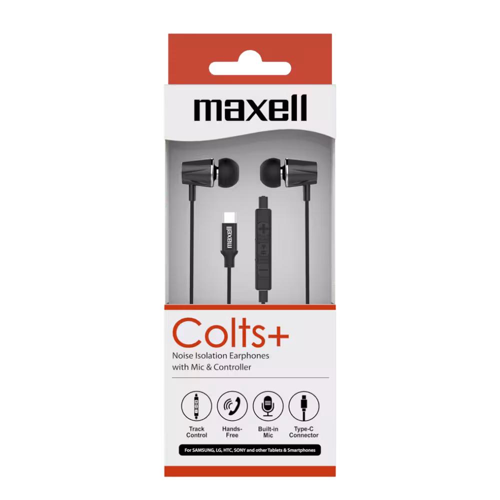 Maxell Colts+ Type-C oordopjes: Geluidsisolerende oordopjes met ingebouwde microfoon en controller voor gesprekken en muziek.