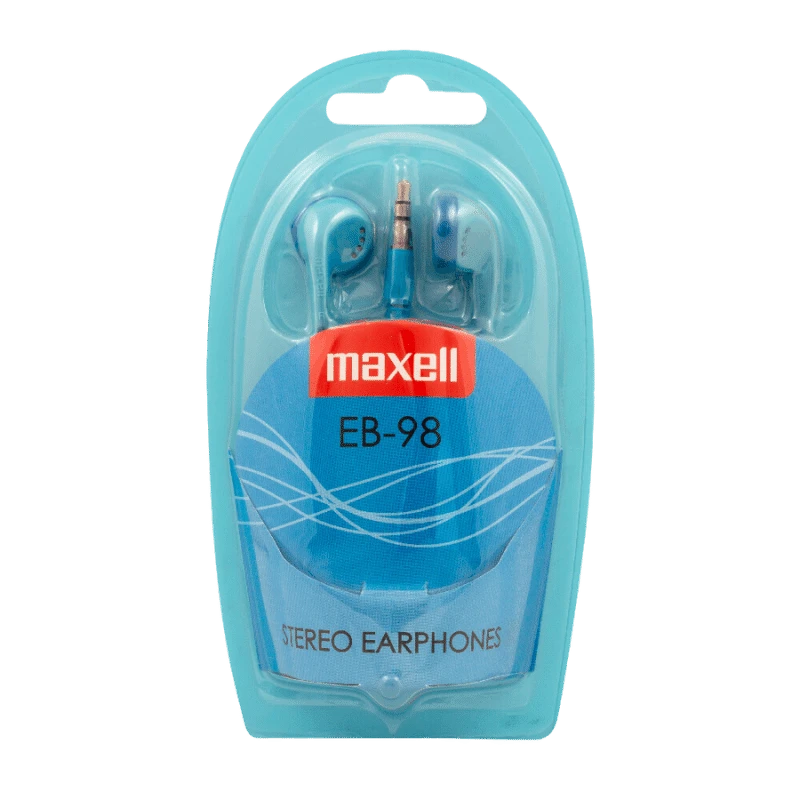 Maxell EB-98 Stereo Oordopjes: Blauwe in-ear hoofdtelefoon in verpakking