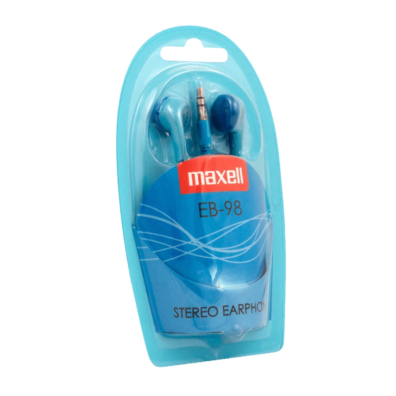 Maxell EB-98 Blue Stereo-oortelefoons: compacte blauwe in-ear-koptelefoon in verpakking.