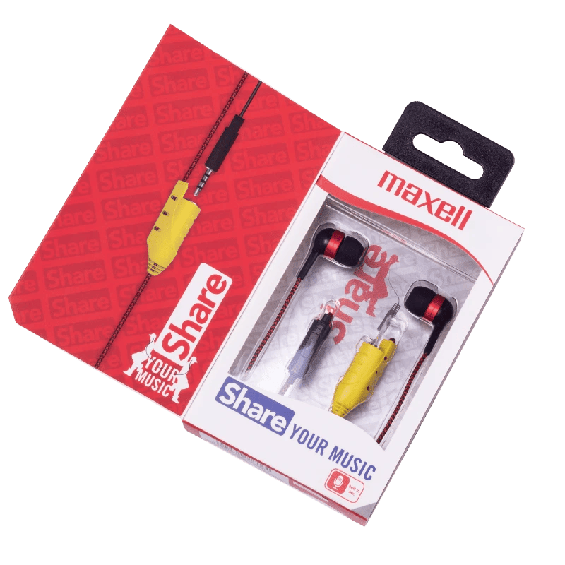 Maxell EB-Share In-Ear hoofdtelefoon: Rood-zwarte in-ear hoofdtelefoon met een gedeelde audioaansluiting, perfect voor het delen van muziek.
