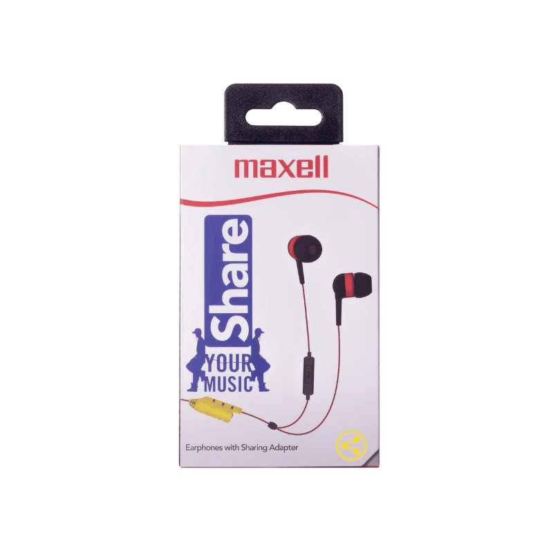 Maxell EB-Share In-Ear hoofdtelefoon: rode en zwarte oordopjes met deeladapter, ideaal voor het delen van muziek.