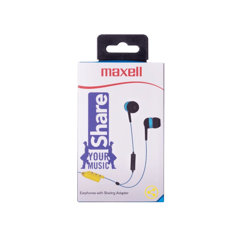 Maxell EB-Share In-Ear hoofdtelefoon: Blauwe en zwarte in-ear oordopjes met een deeladapter, ideaal voor het delen van muziek.