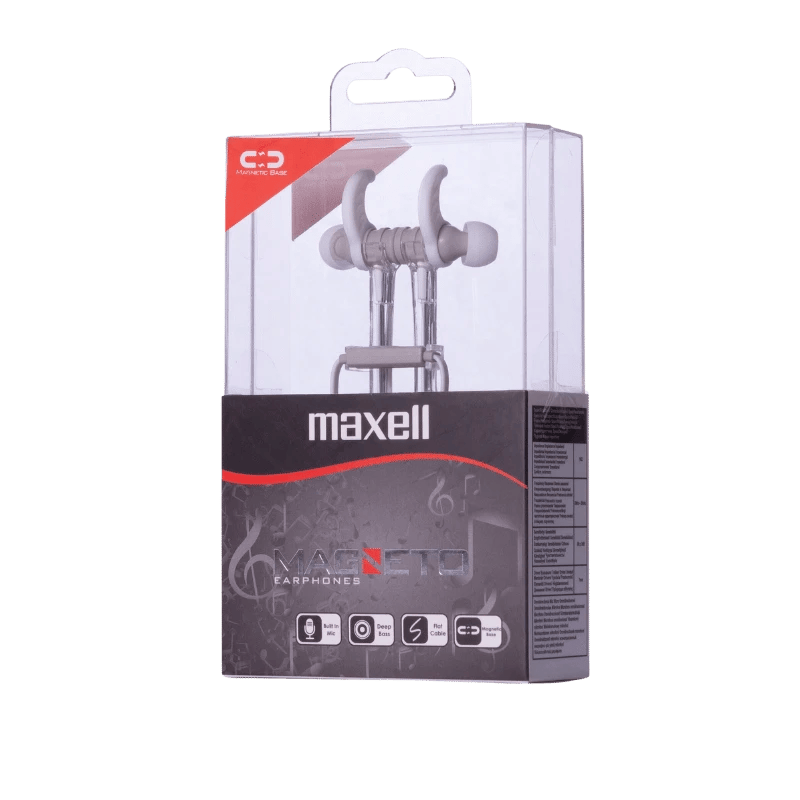 Maxell Mageto-oortelefoons: witte en grijze magnetische oortelefoons in verpakking, met ingebouwde microfoon en diepe bas.