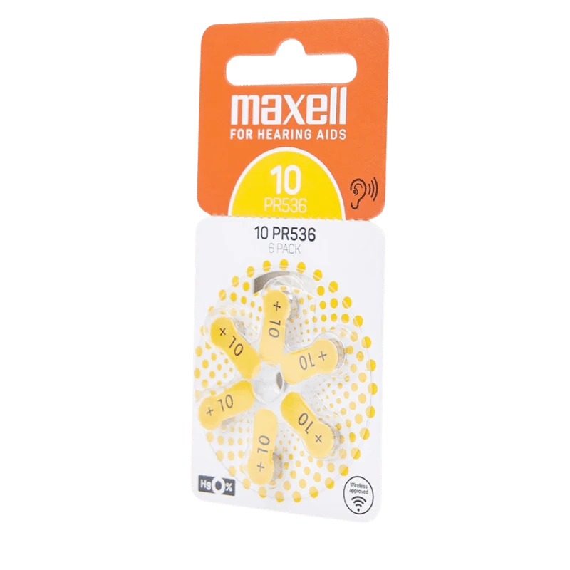 Maxell PR536 hoortoestelbatterijen: verpakking van 10 gele PR536 zink-luchtbatterijen voor hoortoestellen. 1,45 V.