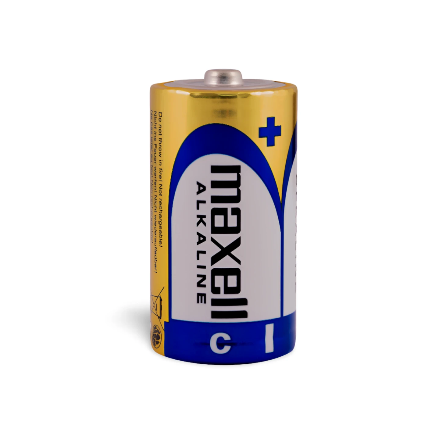 Maxell Alkaline LR14/C-batterij: één C-celbatterij, gouden bovenkant, blauw label.