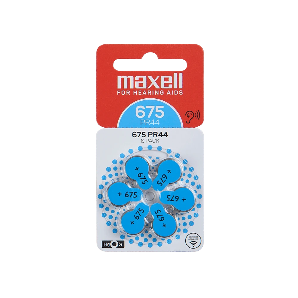 Maxell 675 PR44 hoortoestelbatterijen: 6-pack blauwe zink-luchtbatterijen voor hoortoestellen. 1,45V.