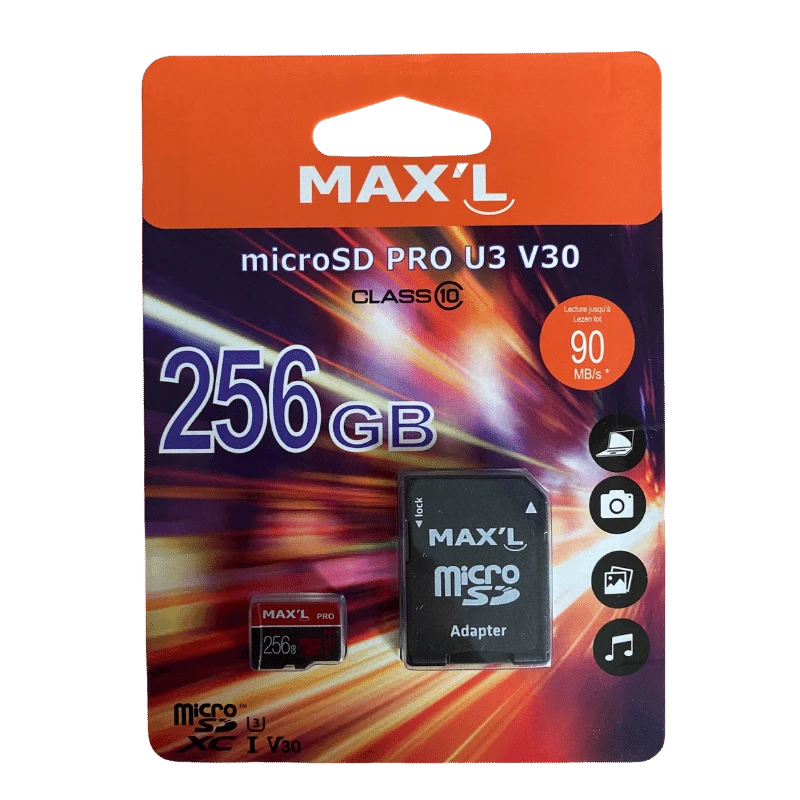 Max'L Micro SDXC 256GB geheugenkaart, Klasse 10, U3, V30, met adapter