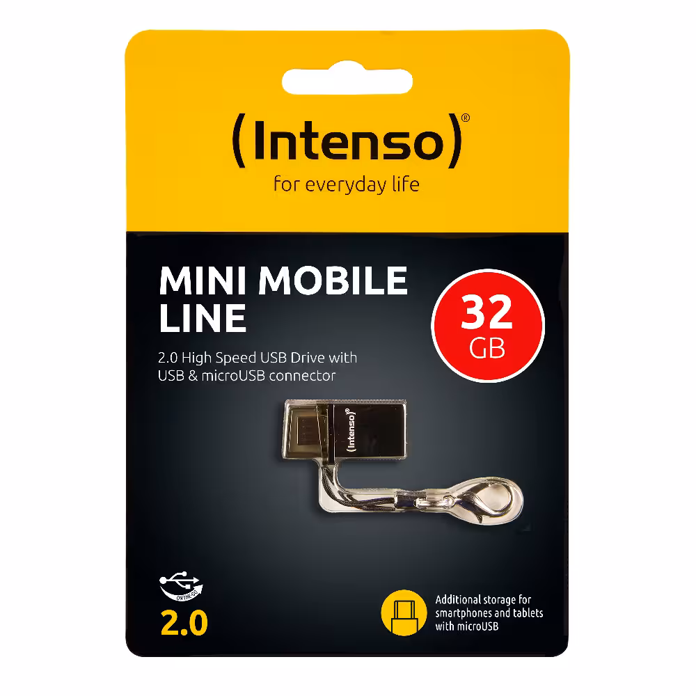 Intenso Mini Mobile Line 32GB USB-stick: Supersnelle 2.0 USB-stick met microUSB-aansluiting, ideaal voor smartphones en tablets.