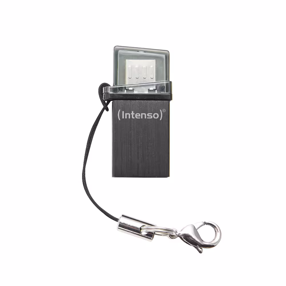 Intenso USB-sticks Mini Mobile Line 32GB: Zwarte USB-stick met sleutelhanger, met een geborstelde metalen afwerking en een transparante beschermkap.
