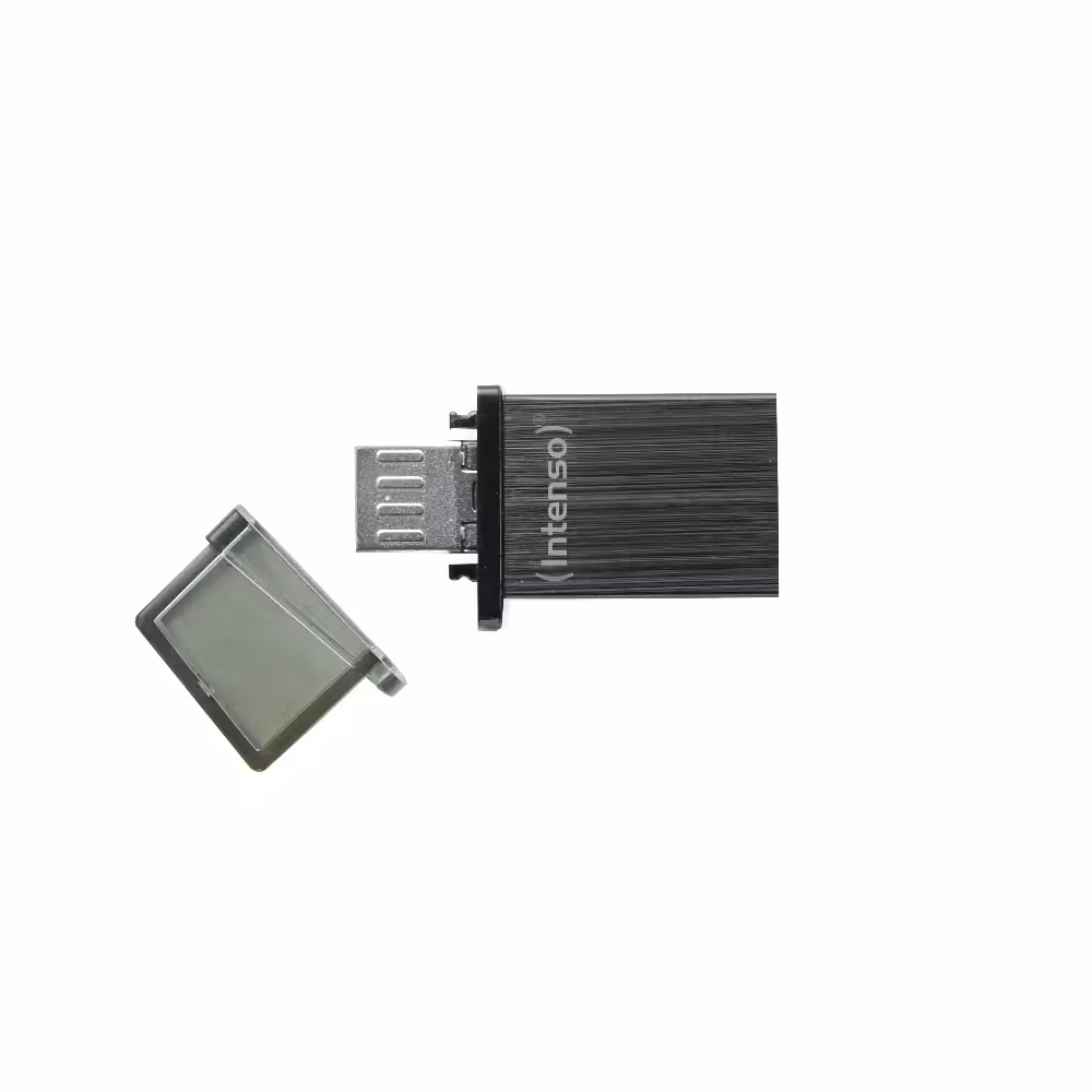 Intenso USB-sticks Mini Mobile Line 32GB: Zwarte USB-stick met een geborstelde metalen afwerking, met zichtbare USB-A- en micro-USB-aansluitingen.