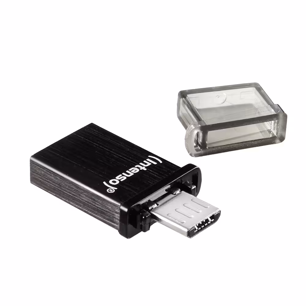 Intenso USB-sticks Mini Mobile Line 32GB: Zwarte USB-stick met micro-USB-aansluiting, inclusief beschermkap.