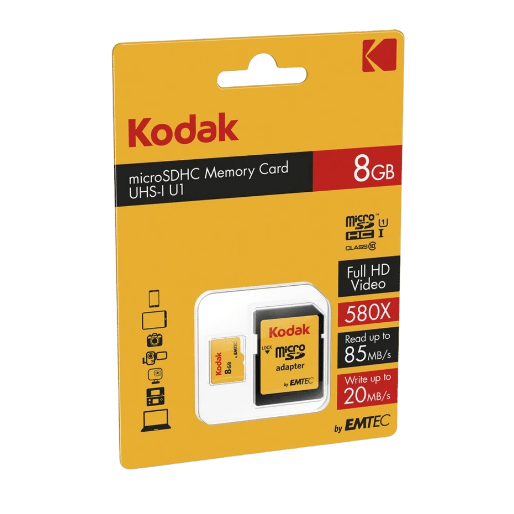 Kodak 8GB microSDHC UHS-I U1-geheugenkaart met adapter. Full HD-video-opname, leessnelheden tot 85 MB/s.