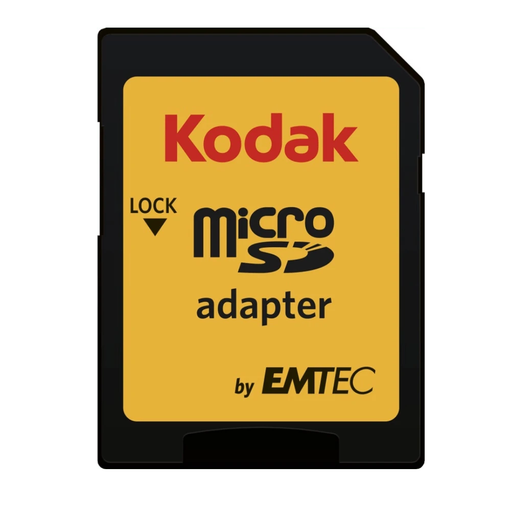 Kodak Micro SD-adapter van EM TEC. Geel label, zwarte adapter.