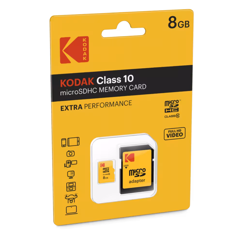 KODAK 8GB Class 10 microSDHC-geheugenkaart met adapter. Hoogwaardige kaart voor Full HD-video.