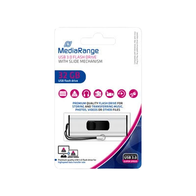 MediaRange 32GB USB 3.0-flashdrive met schuifmechanisme. Hoogwaardige flashdrive voor het opslaan van muziek, foto's, video's en andere bestanden.