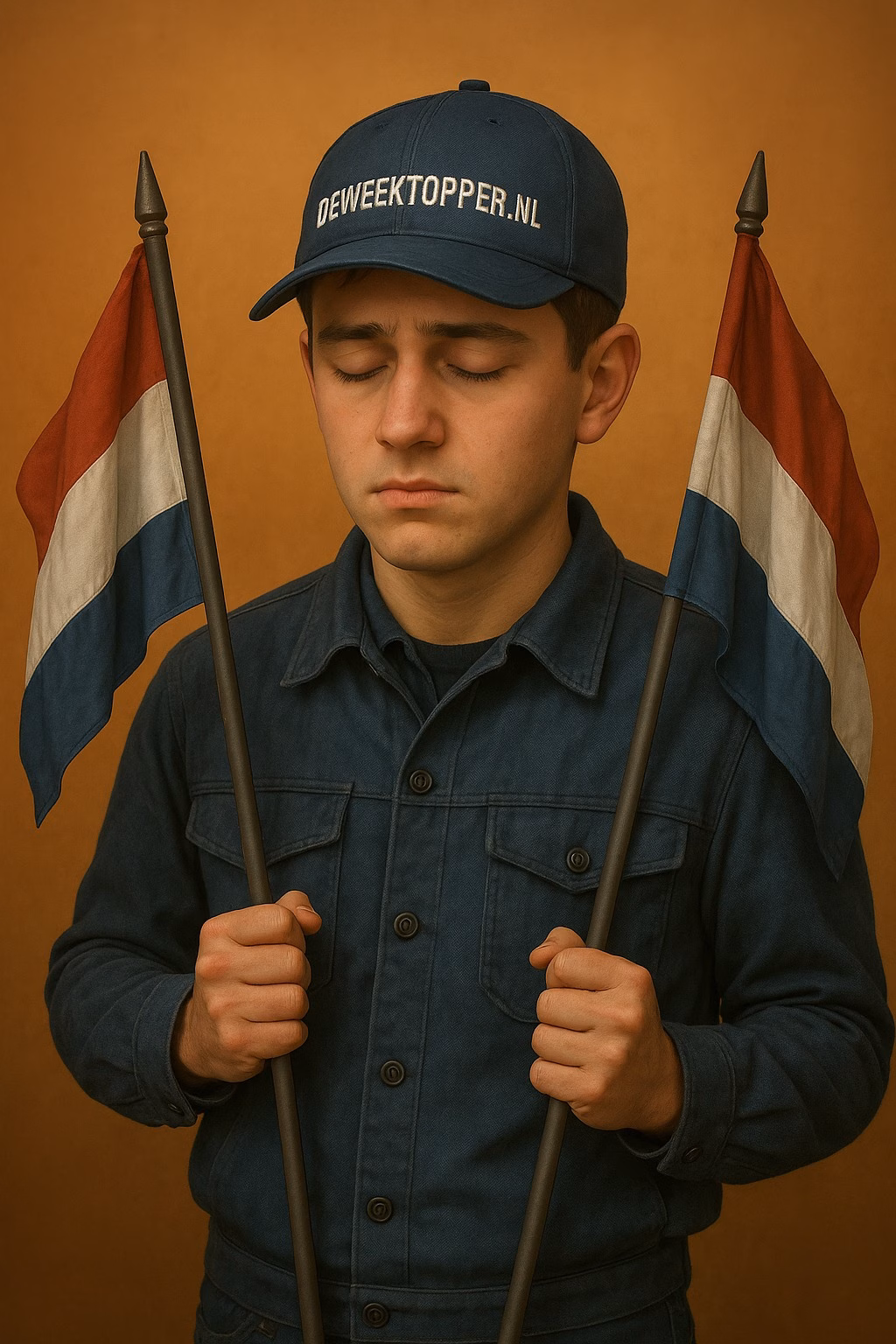 Jongeman in blauw spijkerjack met Nederlandse vlaggen en pet van "deweektopper.nl".